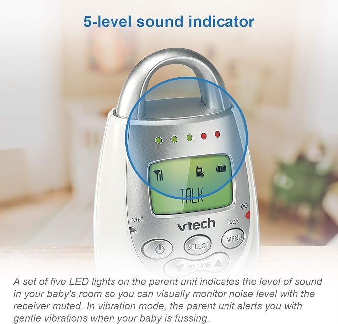 VTech Communications DM221 Audio Baby Monitor with up to 1,000 ft of Range, Vibrating Sound-Alert, Talk Back Intercom & Night Light Loop, White/Silver