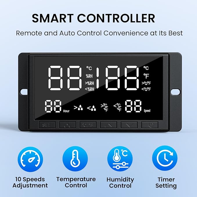 10" Wall Mounted Shutter Exhaust Fan, Attic Fan with Thermostat Humidity Controller, 10-Speed Adjustable, 820 CFM, Automatic Shutter, Vent Fan for Greenhouses, Garages, Shop, Chicken Coops
