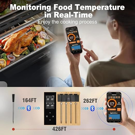 Bluetooth Meat Thermometer | Digital Wireless Meat Thermometer with Ceramic Ultra-Thin 4 Probes| Remote Range- Real time Reading | Monitor Meat Temp for BBQ Upto 300°C (572°F) App for iOS Android