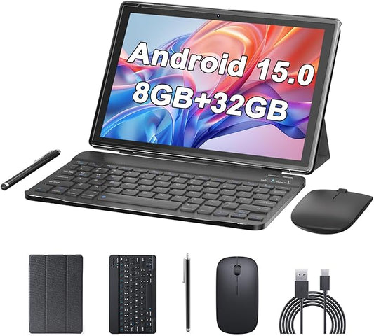 10 inch Android 15 Tablet with Keyboard Stylus, 8GB RAM 2 in 1 Tableta, Includes Mouse & Protective Case, 6000mAh Battery, Wi-Fi 6,Dual Camera, 32GB ROM,tablet set pc - Tablets with case (Black)