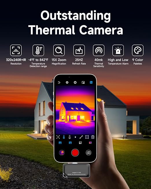 REVASRI Thermal Camera for Type-C iPhone & Android Device, 320x240 Super Resolution, 15x Digital Zoom, 25Hz Thermal Imaging Camera for Water Leak Detection,HVAC Electrical Plumbing, Home Inspection
