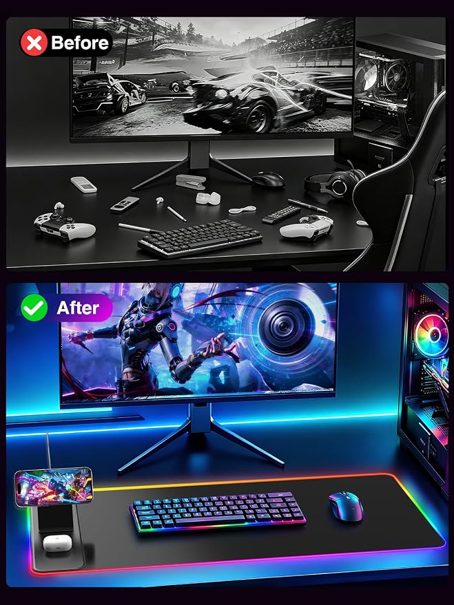 RGB Gaming Mouse Pad with Magnetic Wireless Charging & Phone Stand, 31.5"x15.8" Large, 25 Light Effects, Non-Slip Base, Waterproof Ultra-Smooth Surface, with Adapter