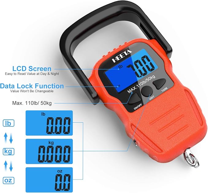 HEETA Fish Scale with Backlit LCD Display, Up to 110lb/50kg Digital Portable Hanging Fish Weight Scale with Hook & Measuring Tape for Home, Farm, Outdoor, Hunting, Fishing, 2 AAA Batteries Included