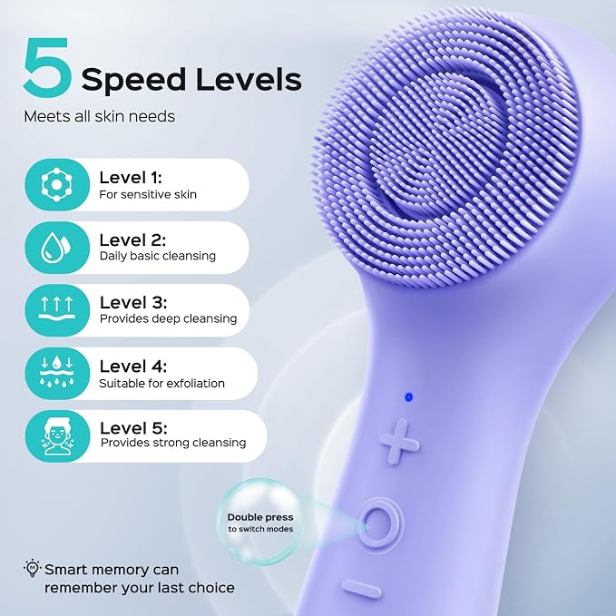 COSLUS Face Scrubber Facial Cleansing Brush: 2 in 1 Spin and Vibration Patented Tech, Silicone Electric Exfoliator Scrubber with Automatic Foaming, Waterproof Face Cleanser Brush for Men (Purple)