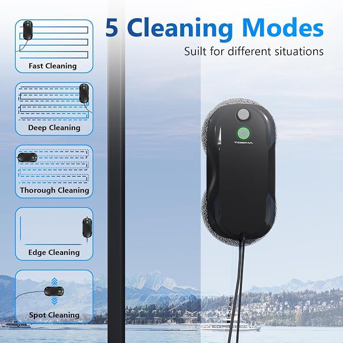Tosima W5 Window Cleaning Robot, Dual Direction Auto-Spray Smart Window Cleaner with Triple Safety System, Smart Navigation, Remote Control, for All Smooth Surfaces, with 8 Rags, Black Robotic Vacuums