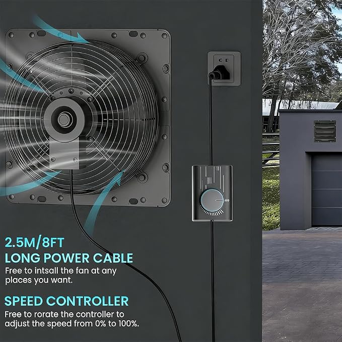 HG Power Upgraded 10 Inch Shutter Exhaust Fan with Speed Controller, 647CFM High-Speed Vent Fan with Mesh Screen, 1400RPM Wall Mounted Attic Fan for Shed, Garage, Greenhouse Ventilation, Black