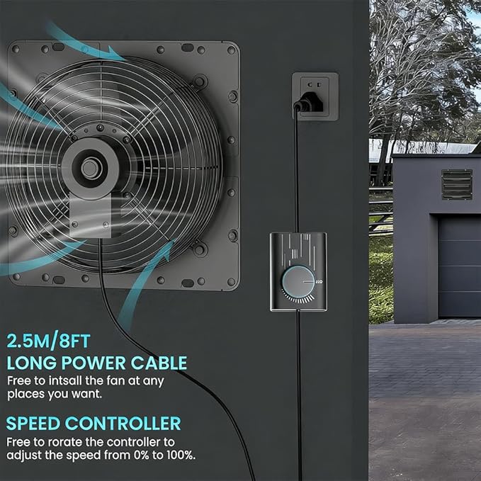 HG Power Upgraded 12 Inch Shutter Exhaust Fan with Speed Controller, 764CFM High-Speed Vent Fan, 1400RPM Wall Mounted Attic Fan for Shed, Garage, Greenhouse Ventilation, Black