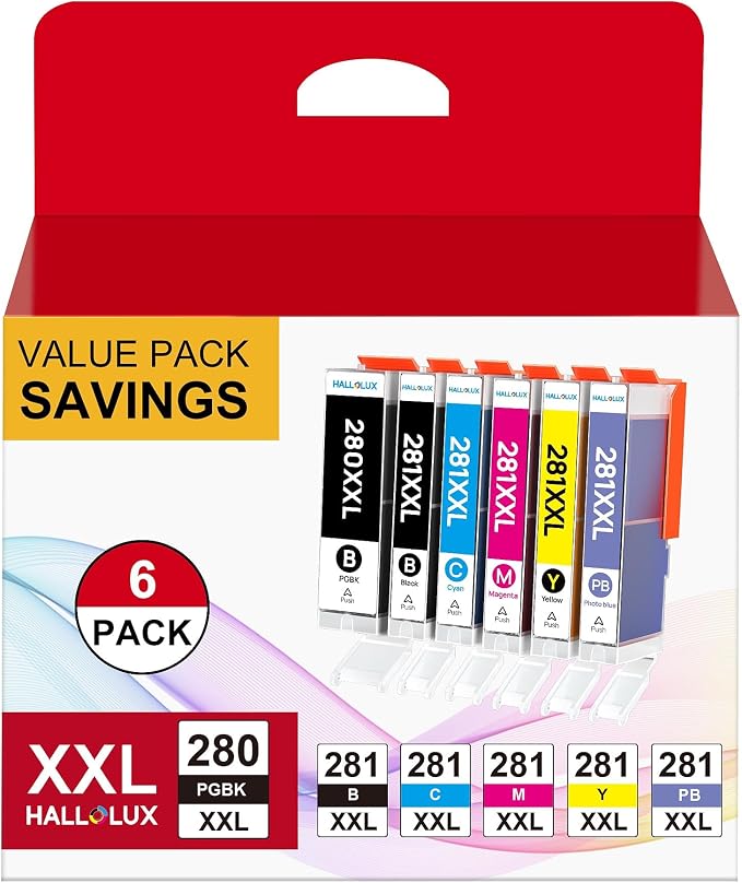 HALLOLUX Compatible Ink Cartridge Replacement for Canon PGI-280XXL CLI-281XXL PGI 280 XXL CLI 281 XXL to Compatible with TR8520 TS8322 TS9120 TS6220 TS9520 TS8220 TS9521C TS6120 TS8120 (6-Pack)