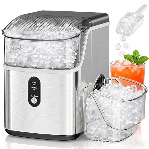Antarctic Star Nugget Ice Maker Countertop with Soft Chewable Ice, Portable Sonic Ice Maker with Basket and Scoop, Removable Top Cover, Auto-Cleaning for Home/Party/RV/Camping (Stainless Steel Silver)