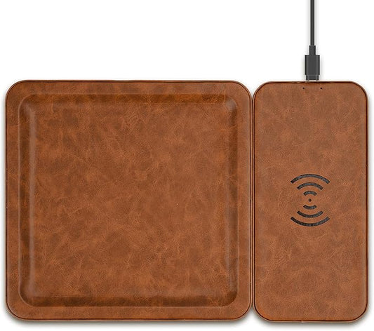 PU Leather Wireless Charging Station and Valet Tray, Gift for Men Husband Dad from Wife Daughter Son, Nightstand Organizer for Men Women, Boyfriend Anniversary Birthday Gifts for Him