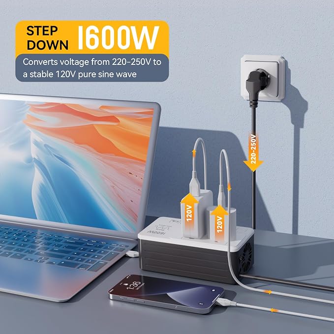 HYTED 1600W 220V to 110V Voltage Converter, Power Any American Appliances in 220-250V, Plug & Play, No Limitations, Universal Power Plug Adapter Voltage Converter US to Europe International Travel