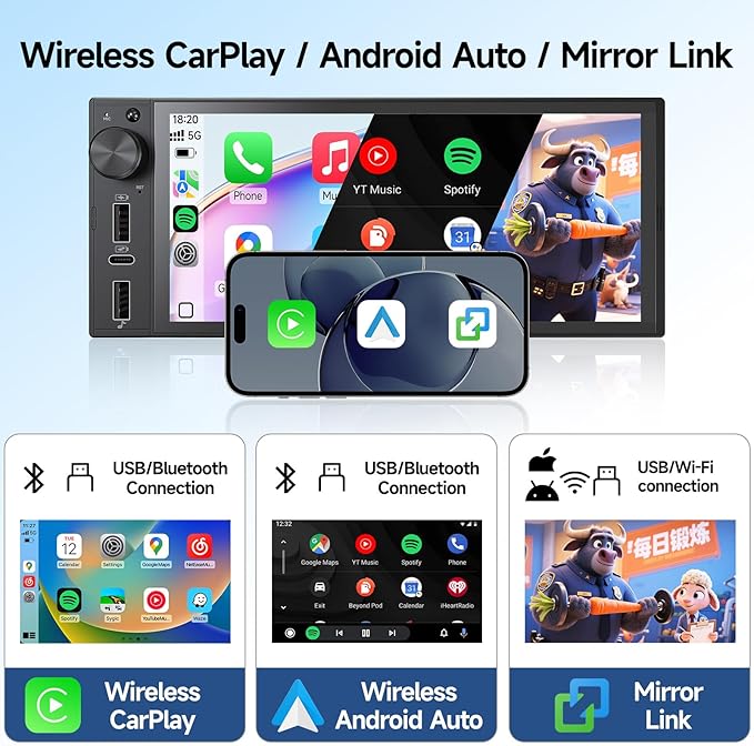 Single Din Car Stereo, 6 Inch Touchscreen Radio with CarPlay & Android Auto | Bluetooth, Mirror Link, Backup Camera, USB&Type-C, FM, SWC, EQ, Full Lamination Screen, Volume Knob