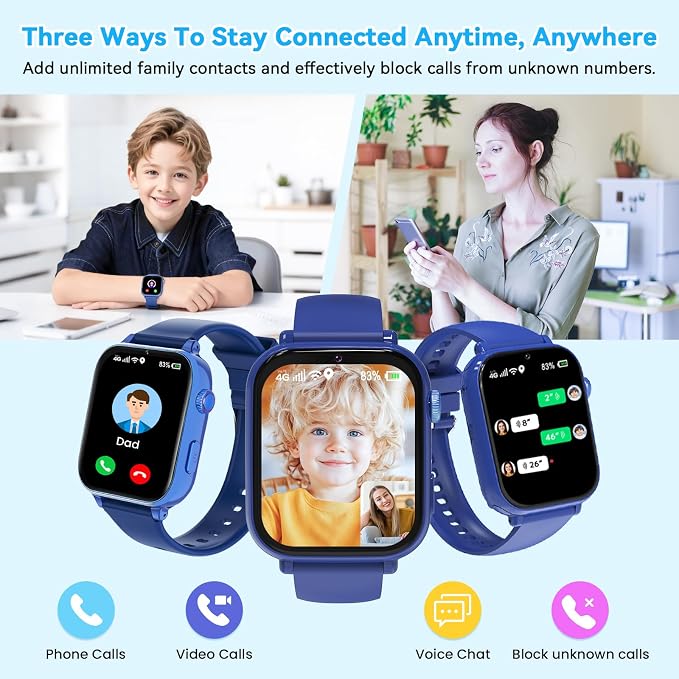 4G Kids Smart Watch Phone GPS, Smartwatch for Boys Girls Ages 4-12 Years with Video Call Chat Class Mode SOS Camera Alarm Games Parental App Touch Watch Gifts for Children (Includes SIM Card) Blue