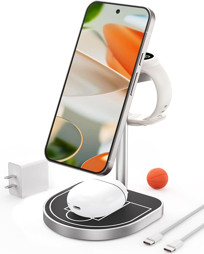 KU XIU X85G 3 in 1 Magnetic Charging Station for Google Pixel 10/10 Pro XL‌,Pixel 9/Pro, Pixel Watch 2/3,Pixel Buds Pro/2, 3-Point Power Aluminum Alloy 15W Fast Wireless Charger Stand with 30W Adapter