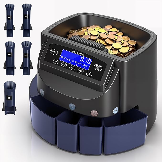 Coin Counter and Dollar Coin sorter with LCD Display, 300-coin Capacity, Supports Multiple Coin Types, Equipped with Sorting and Packaging Machine for Fast and Accurate Sorting (Coin Counter)