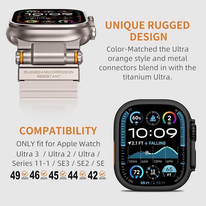 FOAMUNOC Rugged Band Compatible with Apple Watch Ultra 3/2/1 Band 49mm/46mm/45mm/44mm/42mm, Metal Connector with Strap for iWatch Ultra Series 11/10/9/8/7/6/SE3/SE2/SE/5/4/3/2/1, Starlight/Titanium