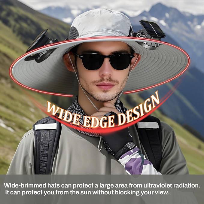 Solar Fan Hat, Wide Brim Sun Hat with 2 Built-in Solar Fans, UPF 50+ Sun Protection Outdoor Fishing Hiking Camping Beach