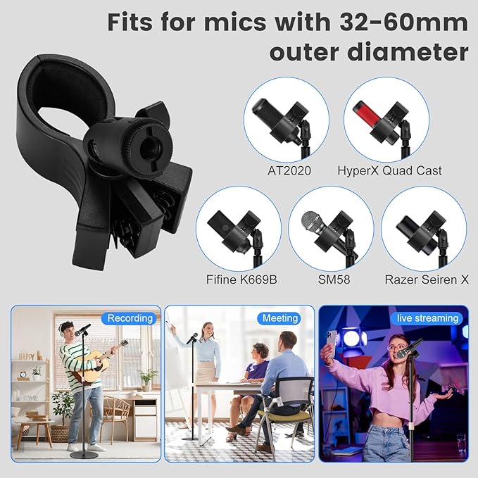 Mic Floor Stand, 63'' Telescopic Microphone Stand for HyperX Razer Fifine Blue Yeti Microphone with Mic Clip,1/4'' Thread and 3/8" 5/8" Adapter, Pop Filter and Cable Clips for Singing Recording Stage