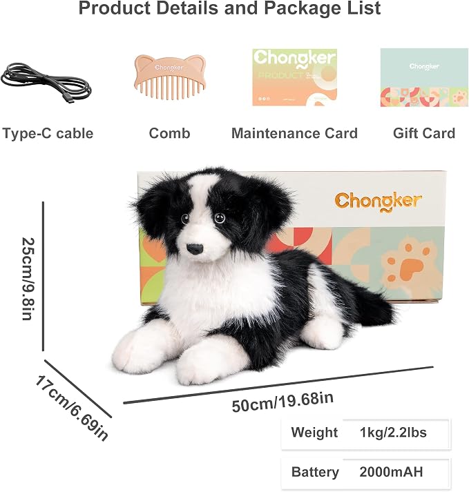 Chongker Interactive Companion Robot Cat, Weighted Breathing Stuffed Animals, Cat Plush Toy with Meow Voice, Breathing, Response, Realistic Heartbeat and Purring (Border Collie)