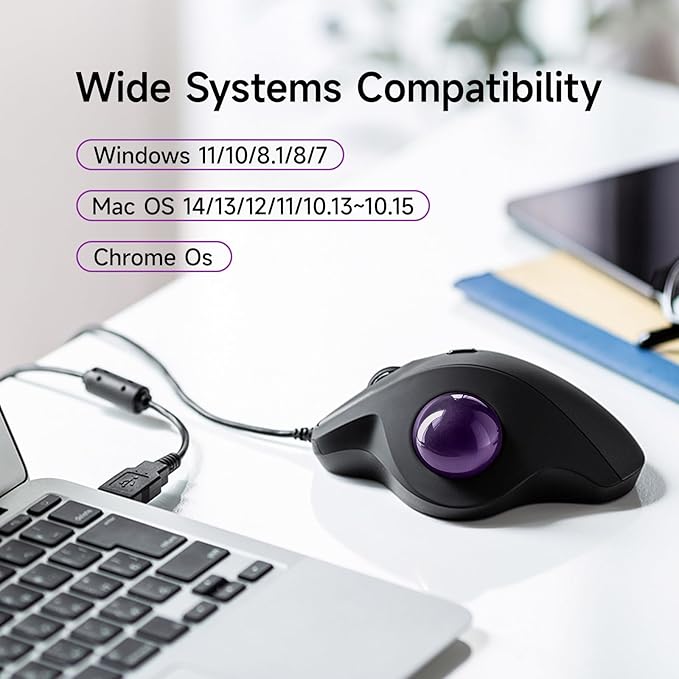SANWA Wired Trackball Mouse, Silent & Programmable Buttons, Ergonomic Roller Ball to Reduce Wrist Strain, Thumb Control, USB-C & USB-A Port, 600-1600 DPI, Compatible with Win, Mac, PC, Laptop, Purple