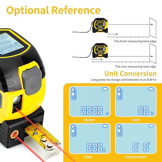 5m/16ft Digital Laser Tape Measure, WTWD 100m/328ft Laser Distance Measure with Cross-Line Laser Level, Area/Volume Calculator, Battery Powered, Voice Output, Backlit LCD, ft/in/m for Construction