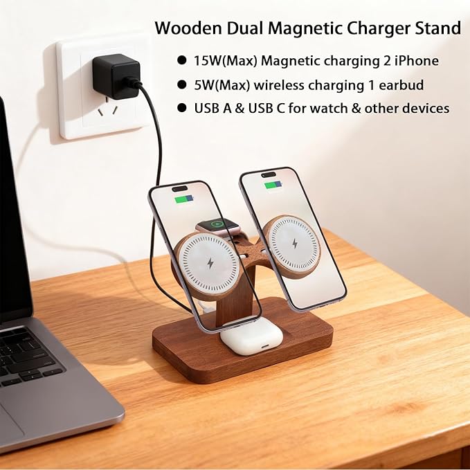 3 in 1 Wireless Charging Station for Apple Devices 24W Dual Phone Charging Station for 2 iPhone 17 16 15 14 13 12 Series iWatch 11 10 9 8 7 6 5 4 AirPod Magnetic Wireless Phone Charger Stand