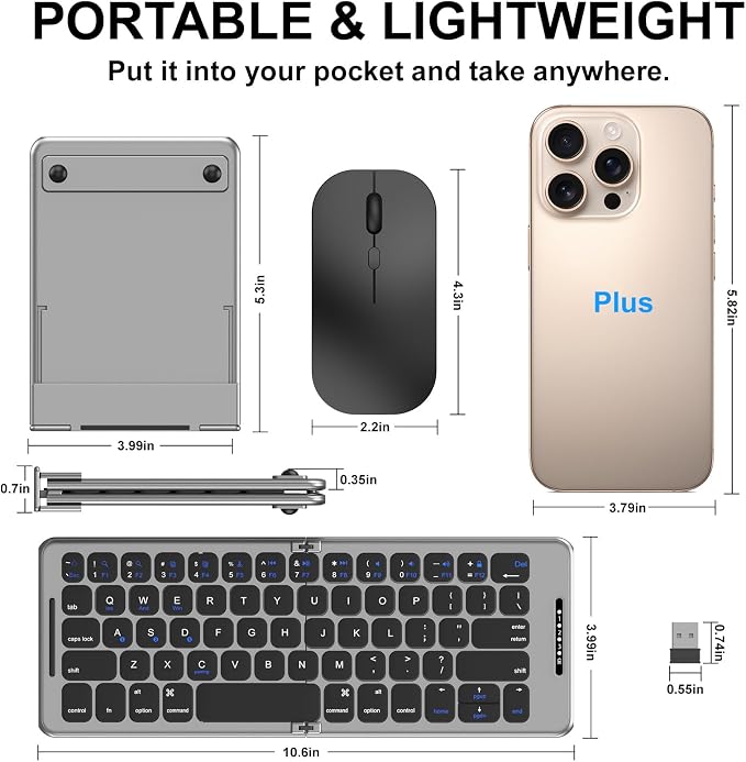 Folding & Foldable Bluetooth with Wireless Keyboard and Mouse Combo for Business Travel, 2.4G Wireless + Bluetooth 5.1, USB-C Rechargeable Portable Combo for Mac,Phones,Laptop,iPad,Tablet