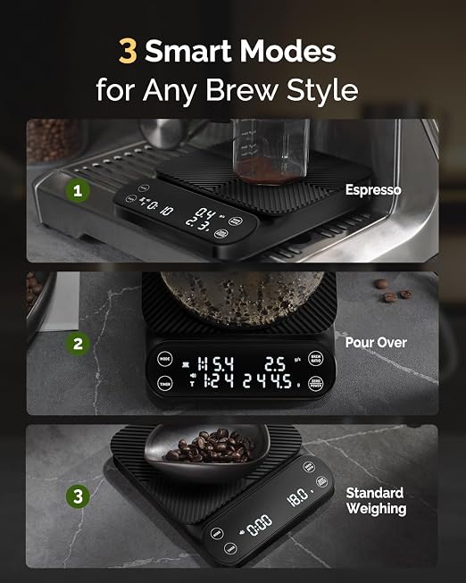 Maestri House S3 Coffee Scale with Timer, 3kg/0.1g Rechargeable Pour Over Coffee Scale, 3 Brew Modes, Adjustable Brew Ratios & Flow Rate Display, Scale for Pour Over, Espresso & French Press-Black