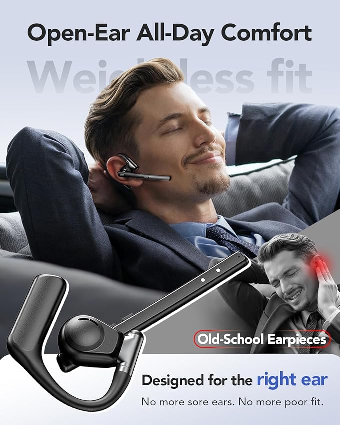 Bluetooth Headset V6.0, Open Ear Wireless Earpiece with Noise Canceling Mic, 96H Talking Time with the 950 mAh Charging Case for iOS Android Laptop, Headphones with Mute Button for Trucker Work