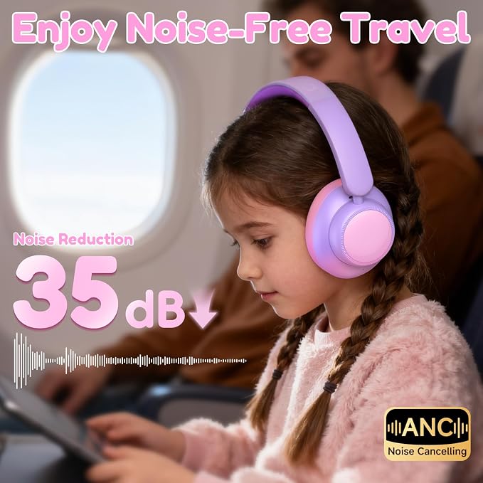 Candy Bila Active Kids Noise Cancelling Headphones, 60H Play Time Kids Bluetooth Headphones, Safe Volume, Bluetooth 6.0, USB C Charging, Headphones for iPad Tablet Airplane,Gradient Pink