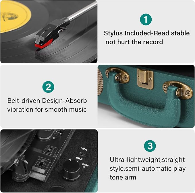Vinyl Record Player Bluetooth Turntable 3-Speed Suitcase Portable Vintage Belt-Driven Record Player with Built-in Speakers RCA Line Out AUX in Headphone Jack Hunter Green