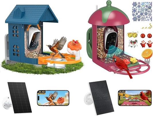 Smart Bird Feeder with Camera Outdoor Birdhouse: AI Identifies 11000+ Species, 2K HD with Arrival Alerts, Attracts Hummingbirds, Solar Powered, Gifts for Bird Lovers Mom Dad