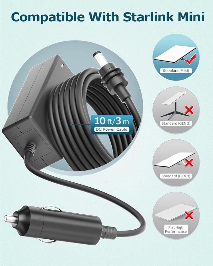 Starlink Mini Car Charger Adapter 30V Output, 12V/24V to 30V 2A Power Supply for Starlink Mini Cigarette Lighter Adapter Plug 11.5FT No Voltage Drop Step Up Converter for Car Road Trips