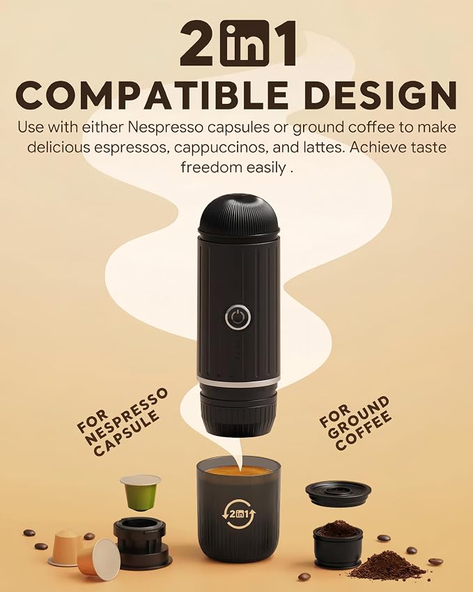 Portable Espresso Machine with 3-4 Min Self-heating, 12V Rechargeable Electric Coffee Machine 19 Bar Compatible with NS Capsules and Ground Coffee for Car Camping Travelling