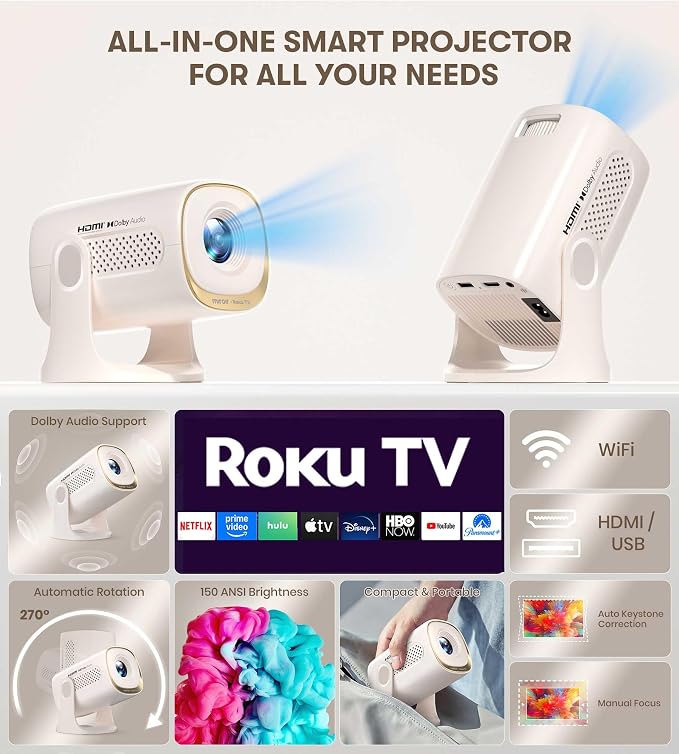 Miroir Roku TV Smart Projector with WiFi and Bluetooth, 150 ANSI, Dolby Audio, 270° Rotatable Stand, Auto Keystone & Zoom — Portable Mini Outdoor Movie Projector with Roku Streaming Built-in
