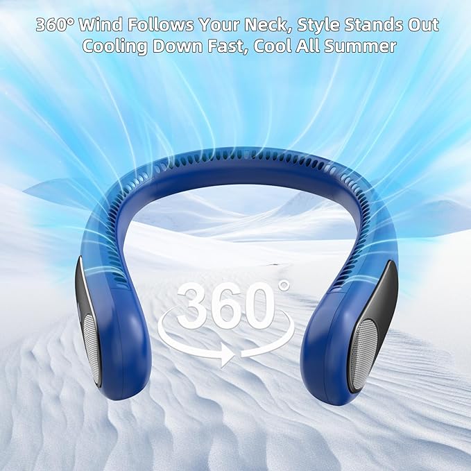 Portable Neck Fan, Personal Wearable Bladeless Fan for Outdoor Indoor, LED Display, 360° Cooling, 4-Speeds, 6000mAh USB Rechargeable, Birthday Gifts for Men Women Dad Mom (Navy)