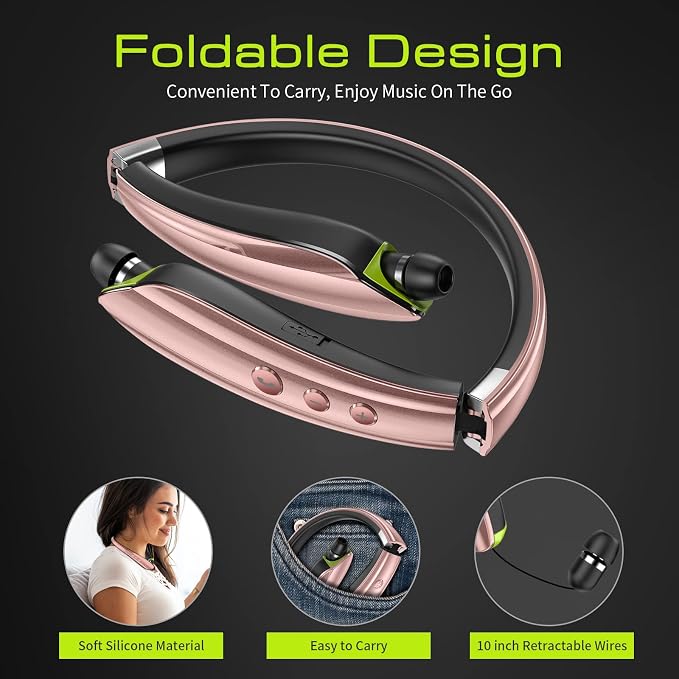 Bluetooth Headset, 2026 Upgraded Neckband Bluetooth Headphones with Retractable Earbuds, Noise Cancelling Stereo Earphones with Mic, Foldable Wireless Headphones for Sports Office with Carry Case