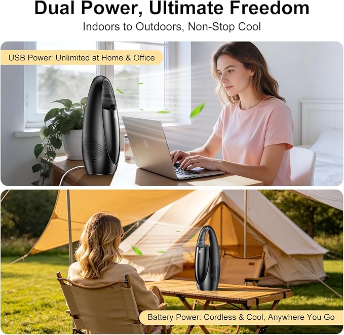 KONSIDEN Bladeless Misting Desk Fan, 13 Inch Rechargeable 3500mAh Quiet Small Personal Table Fan, 9 Speeds & 9H Timer, 60° Oscillation, 180ml Water Tank & Night Light for Bedroom Office Home Outdoor