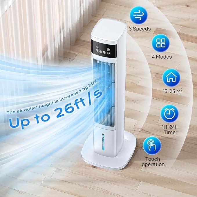 3-in-1 Portable Air Conditioners for Room, Evaporative Air Cooler, 4 Modes 3 Speeds/24H Timer, Fast Cooling Portable AC Unit, Remote 60° Oscillating Tower Fan, Quiet Swamp Cooler for Bedroom Office