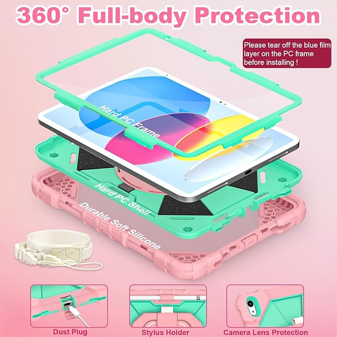 WESOROL Case for iPad (A16) 11th/10th Generation 2025/2022 with Screen Protector 360 Rotating Stand Pencil Holder iPad Case10th Generation Shockproof Cover for iPad 11th/10th Gen Case,Rose Mint