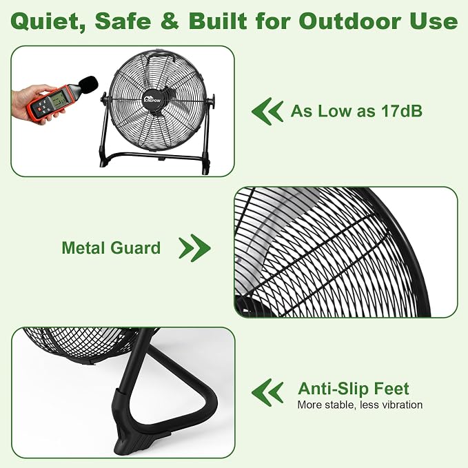 12" Solar Powered Floor Fan, Rechargeable Battery Operated Floor Fans with USB&Type C Output, 4.5-27H Runtime, Quiet Cordless Outdoor Fan for Outside Camping Greenhouse Shed Power Outage