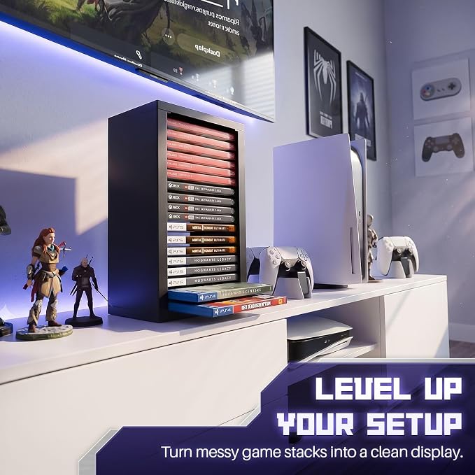 TNP Universal Video Game Storage Tower for PS5, PS4, PS3, Nintendo Switch, Xbox One, Xbox Series S/X - Black Video Game Holder Organizer Stand with 18 CD Case Storage for Organizing & Displaying