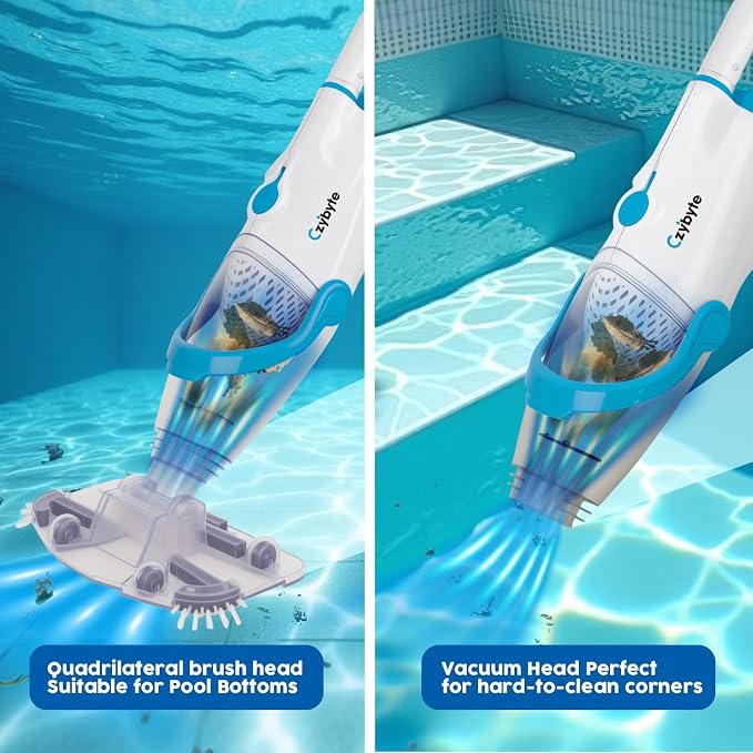 Handheld Pool Vacuum Cleaner, Rechargeable Pool Bottom Cleaner with Strong Suction, 1 H Runtime, 89 inchs Extension Pole,for Above Ground/Inground Pools, Spas and Hot Tubs, White and Blue