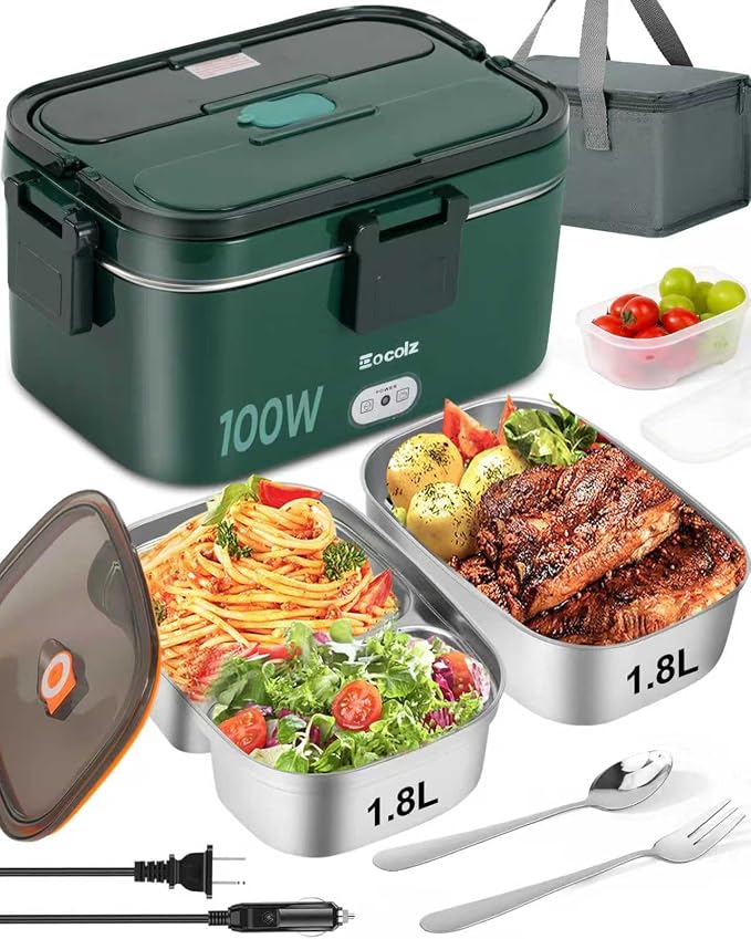 Eocolz Electric Lunch Box Food Heater 100W, Food Warmer with Dual Container 1.8L Portable Heated Lunch Box for Car Truck Work Stainless Steel Fork & Spoon 12/24/110V for Adults Lonchera Eléctrica