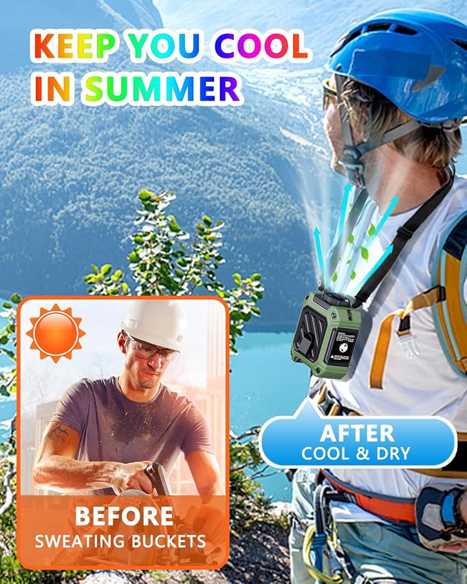 AI Portable Waist Fan 10000 mAh Rechargeable with LED Display & 40H Runtime, 5 Speed 16000RPM Cooling Personal Clip on Neck Fan for Outdoor Work, Jobsite, Camping, Green