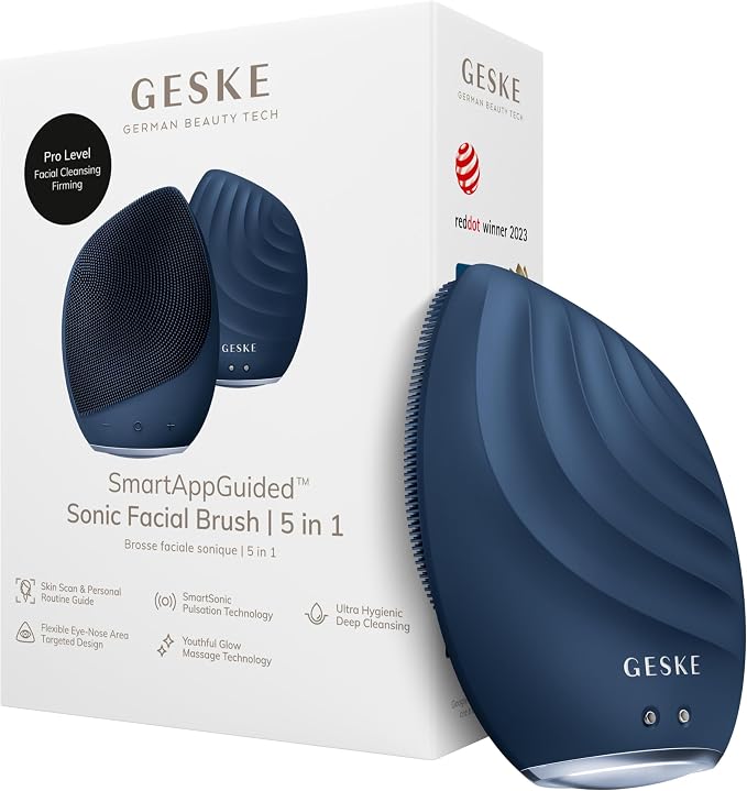 GESKE SmartAppGuided Sonic Facial Brush 5 in 1 | Vibrating Electric Cleansing Brush | Soft Silicone | Professional Cleanser | Skin Exfoliator | Face Massager
