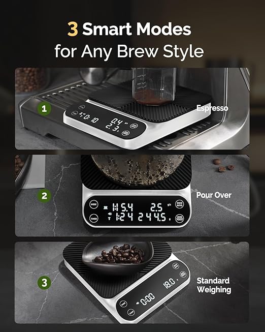 Maestri House S3 Coffee Scale with Timer, 3kg/0.1g Rechargeable Pour Over Coffee Scale, 3 Brew Modes, Adjustable Brew Ratios & Flow Rate Display, Scale for Pour Over, Espresso & French Press-White