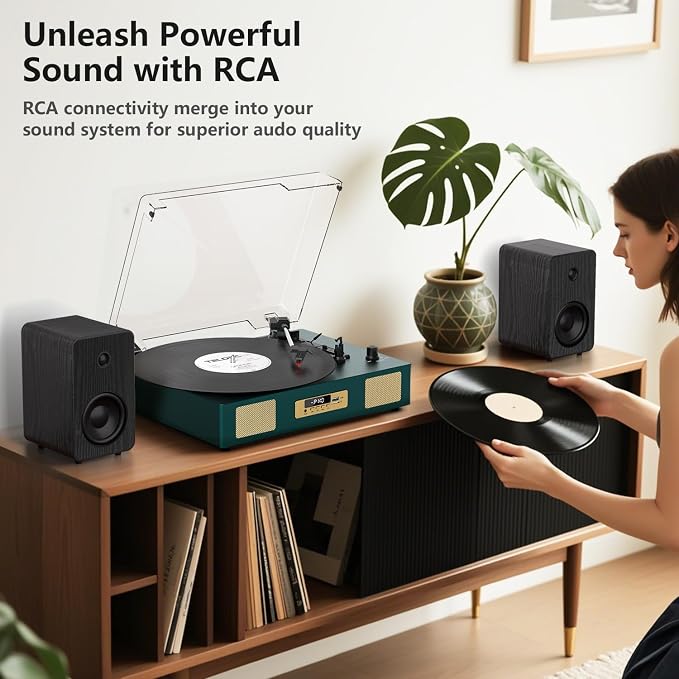 Vinyl Record Player with Enhanced Speakers, Wireless Bluetooth Playback, USB/SD Recording, 3-Speed Belt Drive Turntable, Vintage LP Player Support RCA Output AUX Input EQ,Dark Green
