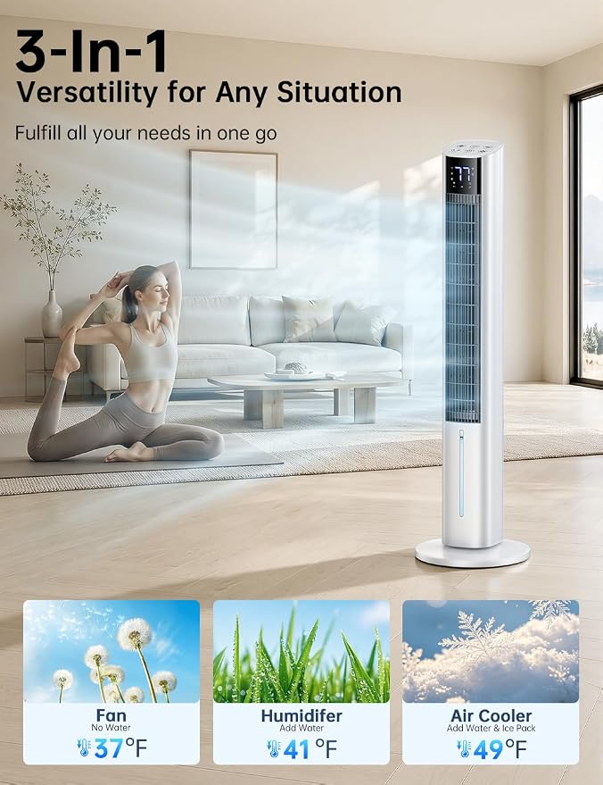 45" Windowless Air Conditioner, Portable Swamp Cooler Air Conditioner w/3 Speeds Max 30 ft/s, 4Modes, 4L Tank & 12H Timer, 120°Oscillation, 20 Ft Remote Evaporative Air Cooler for Room Indoor
