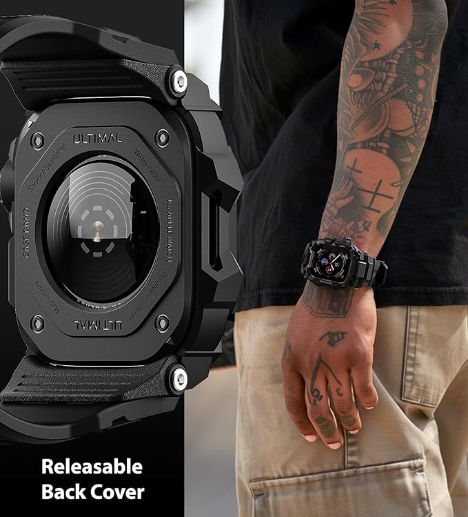 ULTIMAL Rugged Case with Band for Apple Watch Band 45mm,Compatible with Apple Watch Series 9/8/7 45mm,Military Grade Shockproof Bumper Cover for iWatch Tactical Band Men (Black, 45mm)